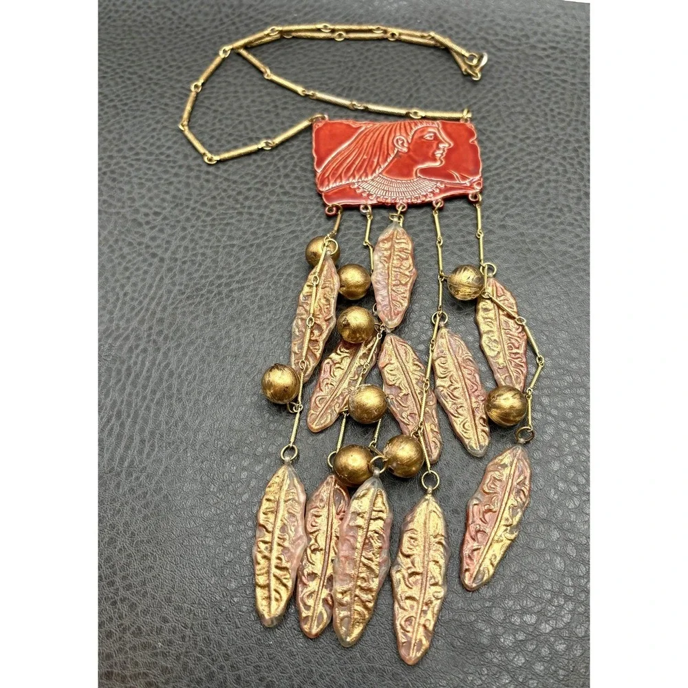 Vintage Lady Face Egyptian Revival Red Huge Waterfall Fringe Dangle Necklace 18